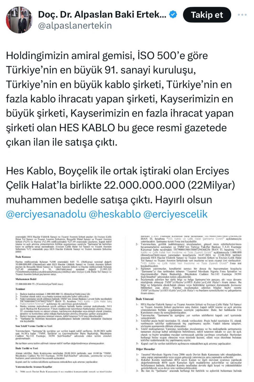 Hes Kablo ve Erciyes Çelik Halat 22 milyar lira muhammen bedelle satışa çıktı